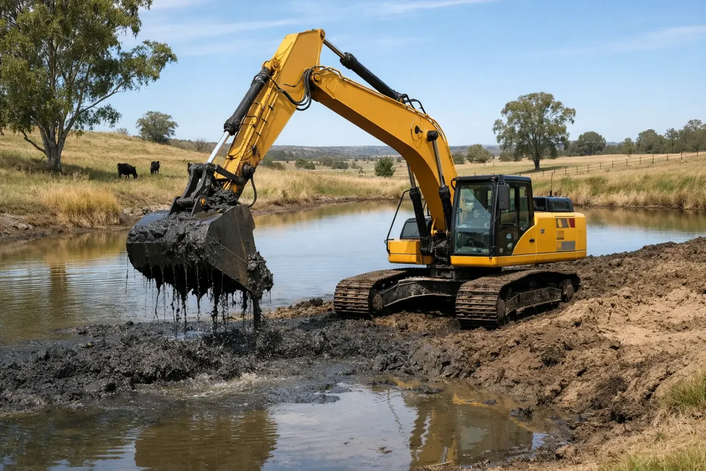 Dam Clean Out Excavator Work for Rural Dams